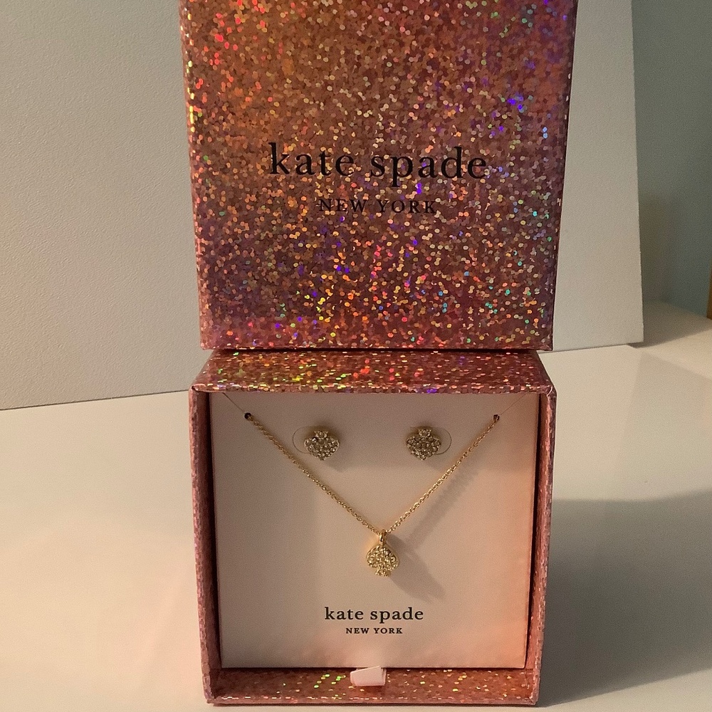KATE SPADE NY Pave Crystal Heart Necklace & Earring Set Gold Plated Boxed NWT